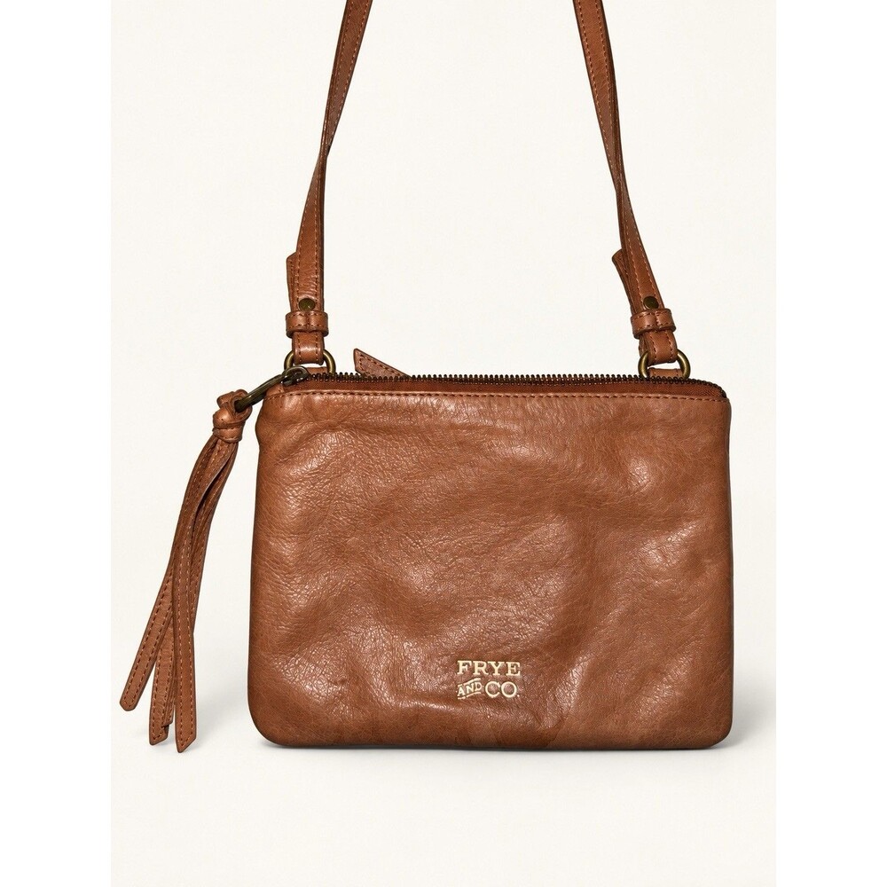 Frye & Co Cognac Brown Tassel Crossbody Bag Adjustable Strap Zip Top